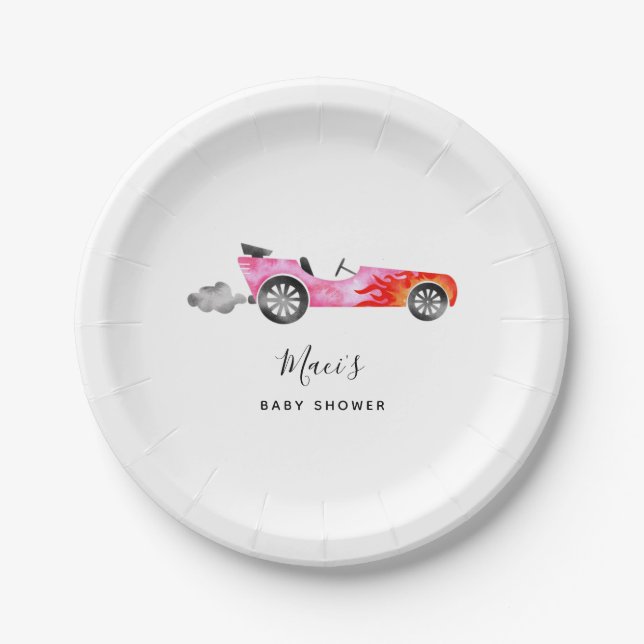 Moderne Pink Race Car Girl Babydusche Pappteller (Vorderseite)