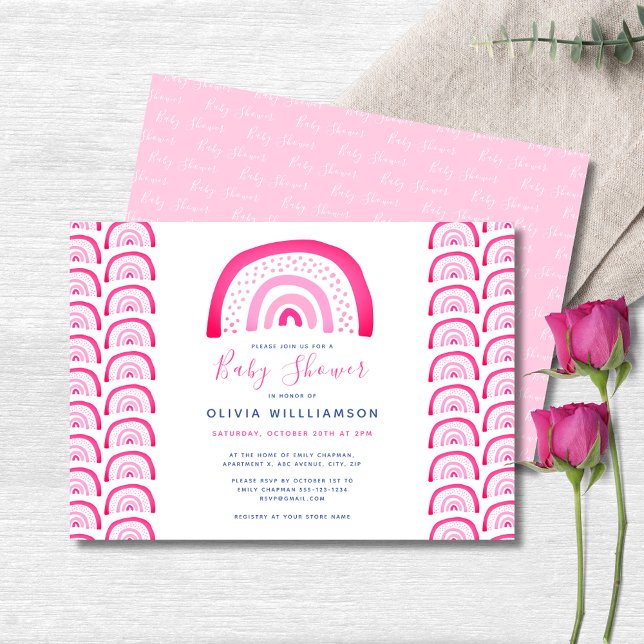 Moderne Pink Rainbow Baby Dusche Einladung (Pink rainbow baby shower landscape invitation.  Matching accessories and party range available.)