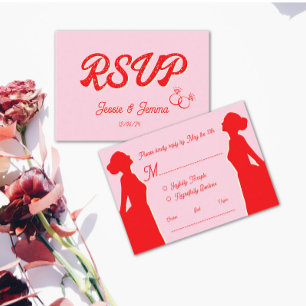 Moderne Pink & Rot Lesbische Hochzeit RSVP Karte