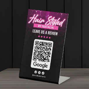 Moderne Pink Schwarze Frisör Google Bewertungs-QR- Sockelschild