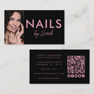 Moderne Pink-Schwarze Nagelstudio-QR-Code-Foto Visitenkarte