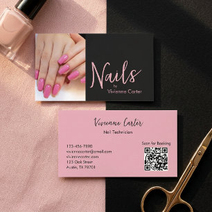 Moderne Pink-Schwarze-Schrift-Foto-Nagelkünstler-Q Visitenkarte