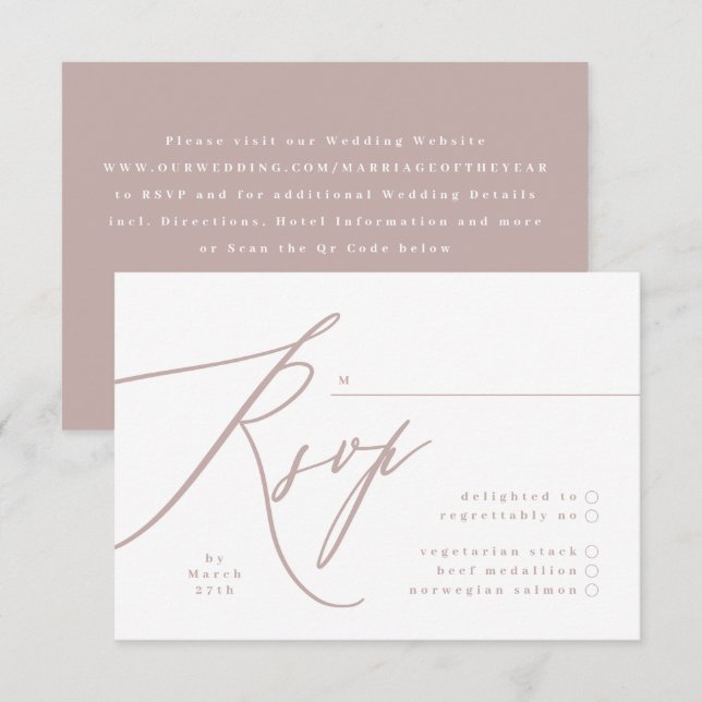 Moderne Pink Taupe Calligraphy QR CODE Hochzeit RSVP Karte (Vorne/Hinten)