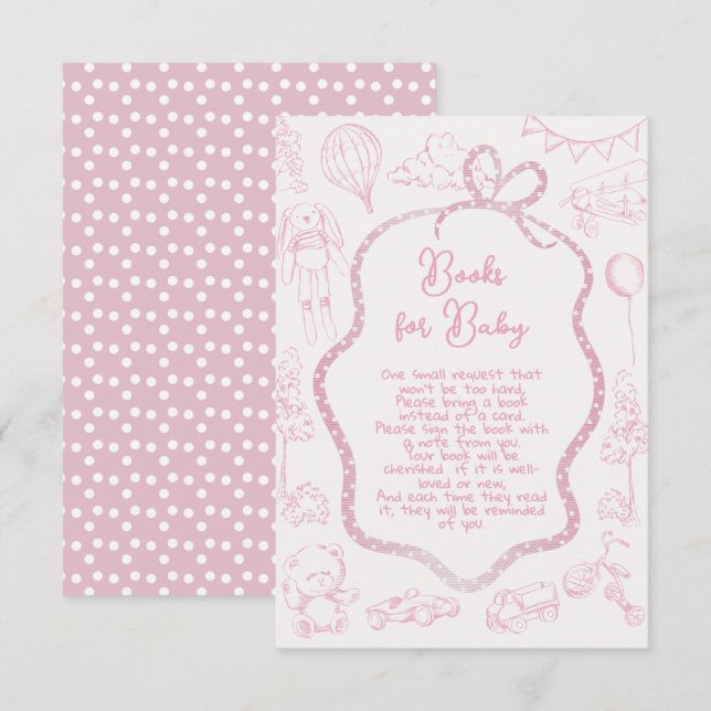 Moderne Pink Toile de Jouy Bücher für Kinder Einladung (Vorne/Hinten)