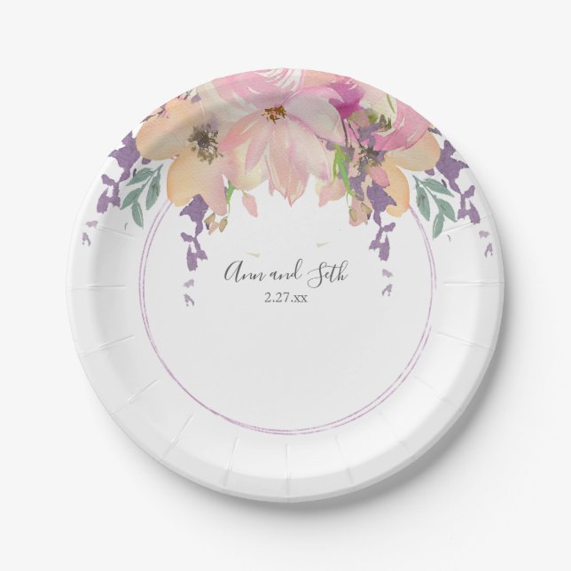 Moderne Pink- und Lila Bouquet-Blumenhochzeit Pappteller (Vorderseite)