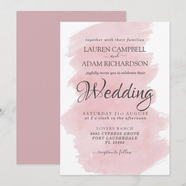 Moderne Pink Watercolor Pinselstriche Hochzeit Einladung (Vorne/Hinten)