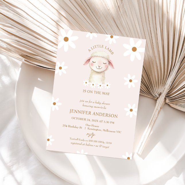 Moderne Pink White Daisy Kleine Lamb Baby Dusche Einladung (Little Lamb Baby Shower Invitation, Pink Little Lamb Baby Shower Invitation Girl, Lamb Themed Shower)