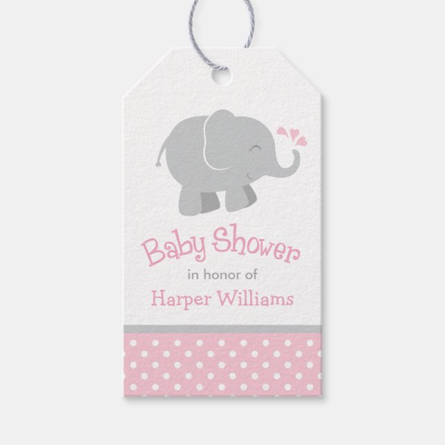 Moderne pinkfarbene und graue Elephant Girl Baby D Geschenkanhänger (Vorderseite)