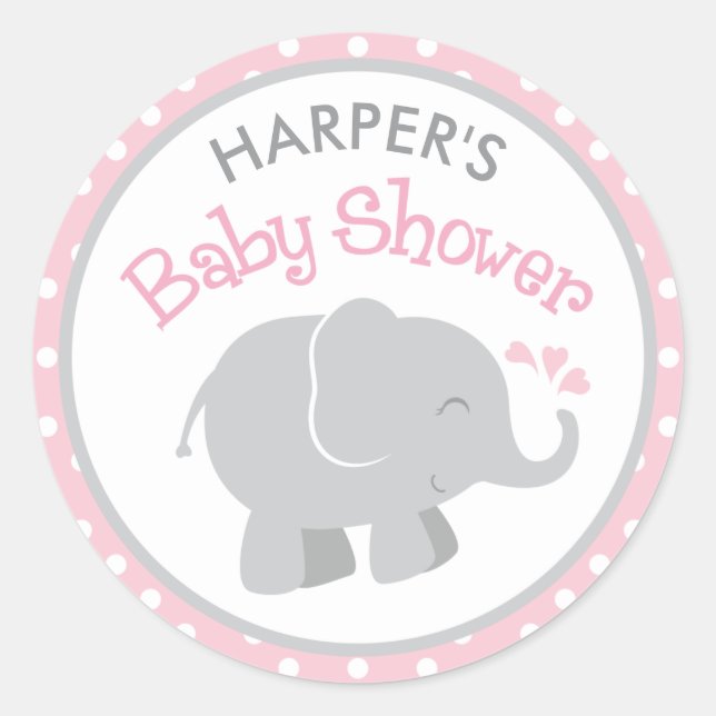 Moderne pinkfarbene und graue Elephant Girl Baby D Runder Aufkleber (Vorderseite)
