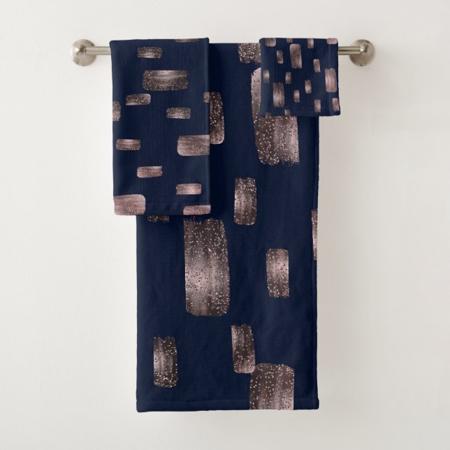Moderne Pinsel Rose Gold & Navy Blauer Sparkor Badhandtuch Set (Insitu)