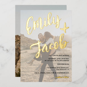 Moderne Pinselnamen Drehbuch Fotos Hochzeit Folieneinladung