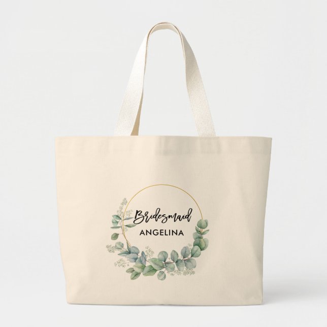 Moderne Pinselschrift Bridesmaid Botanische Vegeta Jumbo Stoffbeutel (Vorne)