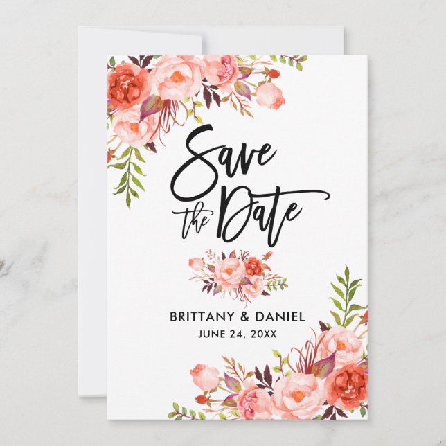 Moderne Pinselschrift Coral Floral Save The Date (Vorderseite)