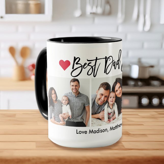 Moderne Pinselschrift Herz 3 Foto Bester Vater je Tasse (Customize to change your personalized text size or text style.)