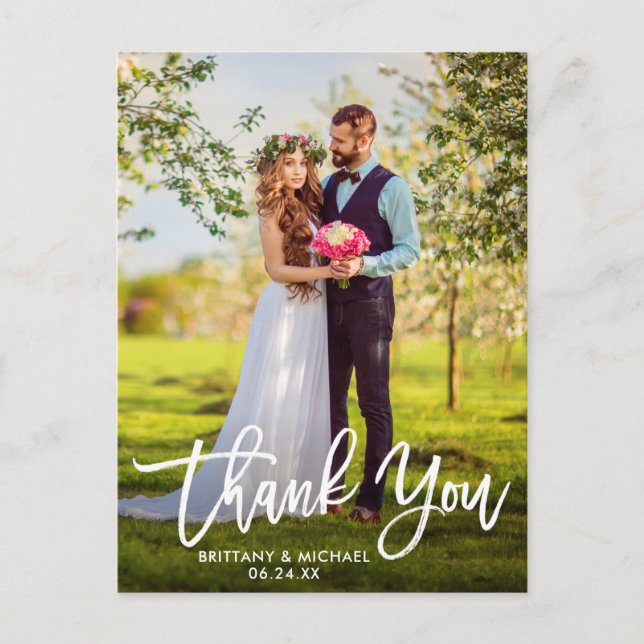 Moderne Pinselschrift | Hochzeit Foto Vielen Dank  Postkarte (Vorderseite)