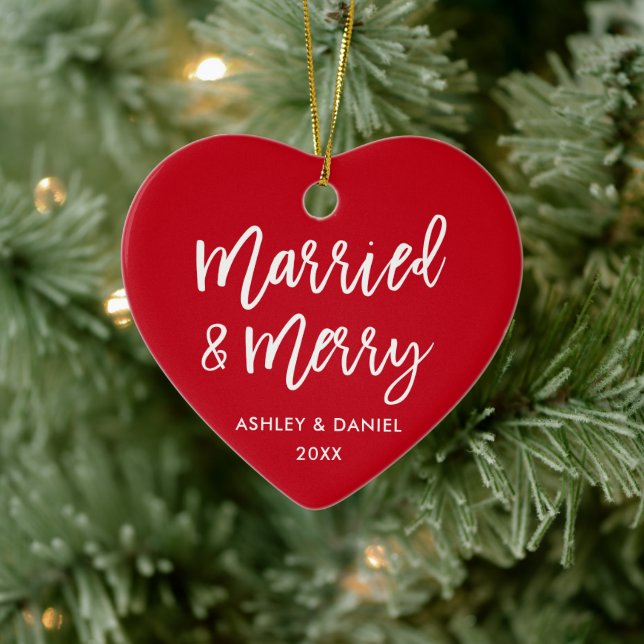 Moderne Pinselschrift Verheiratet & Merry Wedding Keramik Ornament (Baum)