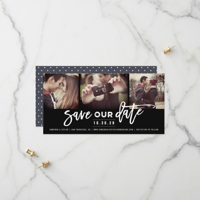 Moderne Pinselskriptkalligrafie 3 Multi-Foto Save The Date (Vorderseite/Rückseite Beispiel)