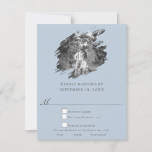 Moderne Pinselstrich-Foto-Hochzeit Blau RSVP Karte