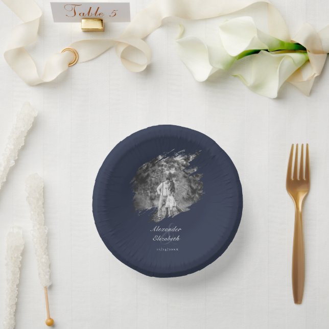 Moderne Pinselstrich-Foto-Hochzeit | Marineblau Pappteller (Hochzeit)