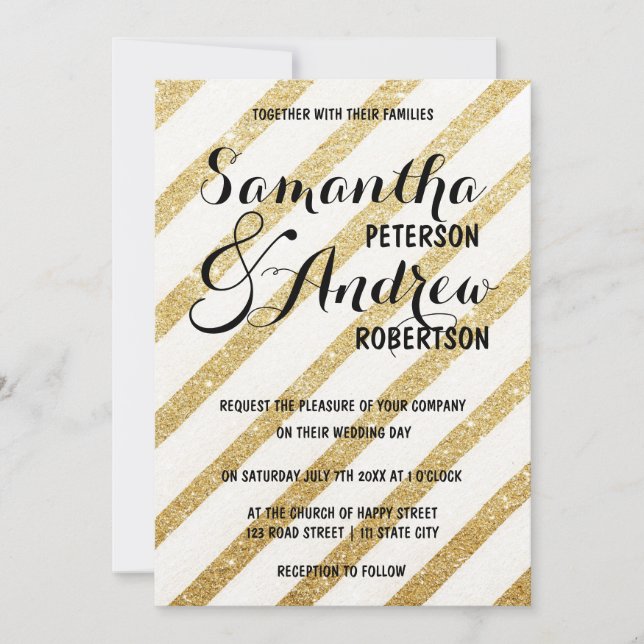 Moderne Pinselstriche goldene Streifen Hochzeit Einladung (Vorderseite)