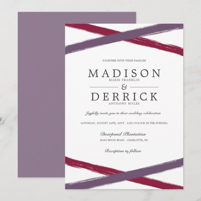 Moderne Pinselstriche Hochzeit | Lavender Berry Einladung (Vorne/Hinten)