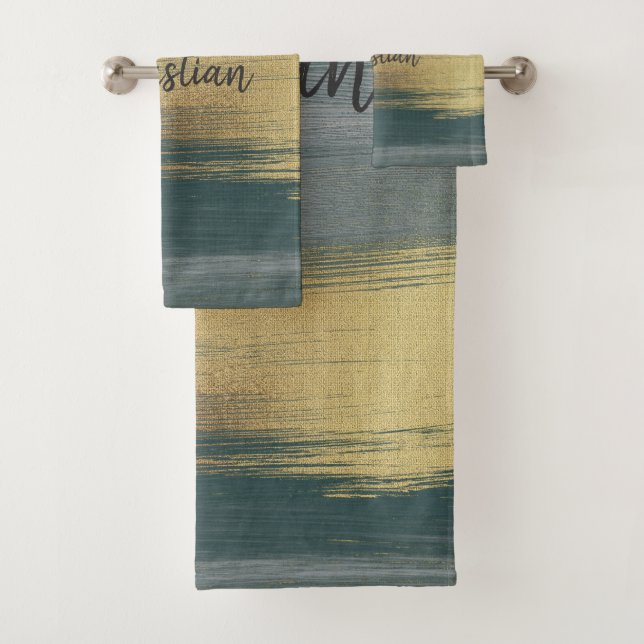 Moderne Pinselstriche in Grün, Grau und Gold Badhandtuch Set (Insitu)