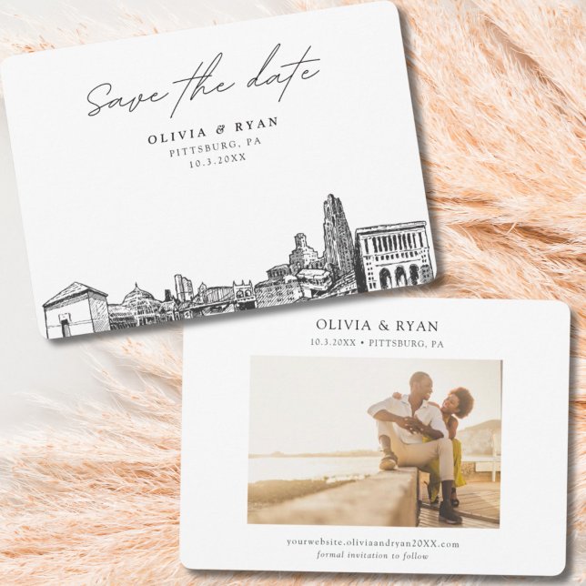 Moderne Pittsburgh-Hochzeit rettet das Datum Einladung (Pittsburg wedding save the date with engagement photo)