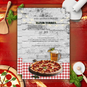 Moderne Pizza + Bier Backsteine Baby Shower Einlad Einladung
