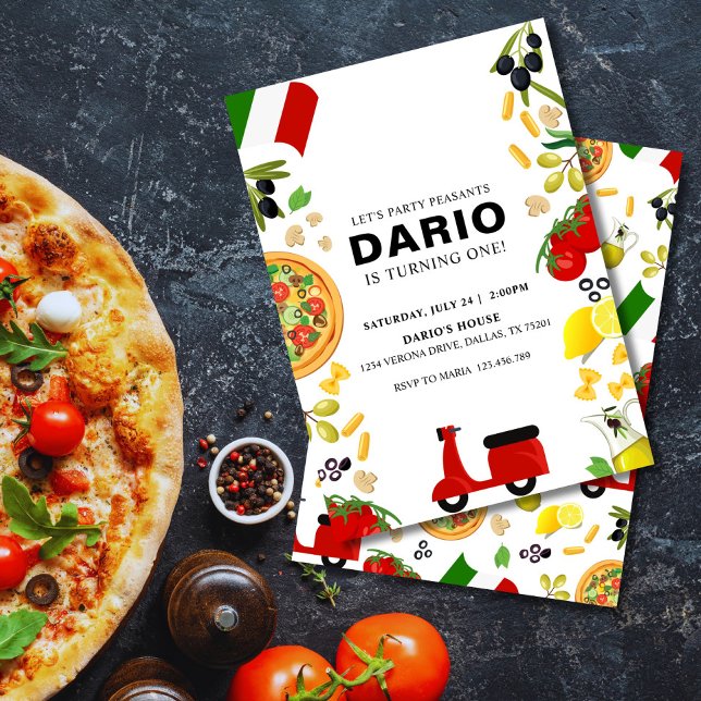 Moderne Pizza & Vespa Italienische Einladung zum G (Pizza Uno Birthday Invitation – Vespa & Pizza Theme for Kids Party)
