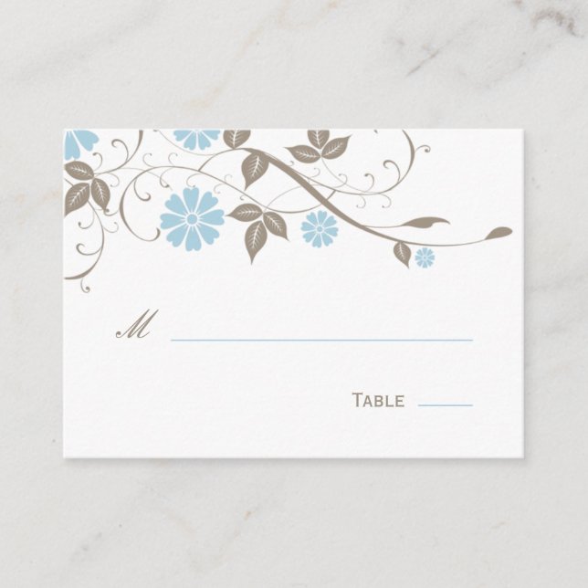 Moderne Platzkarte mit Blumen - Aqua Blue (Vorderseite)