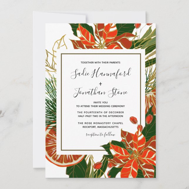 Moderne Poinsettia Citrus Gold Winter Wedding Einladung (Vorderseite)