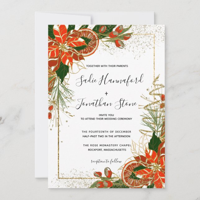 Moderne Poinsettia Citrus Winter Hochzeitseinladun Einladung (Vorderseite)