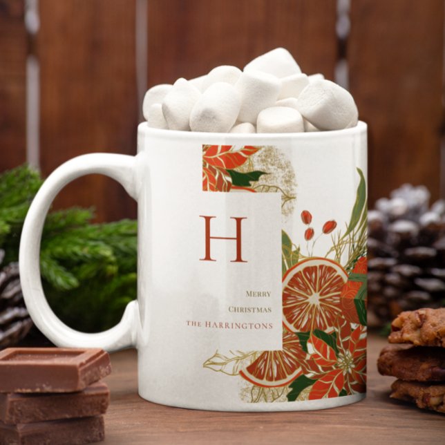 Moderne Poinsettia & Grünanlagen | Christmas Monog Kaffeetasse (Von Creator hochgeladen)