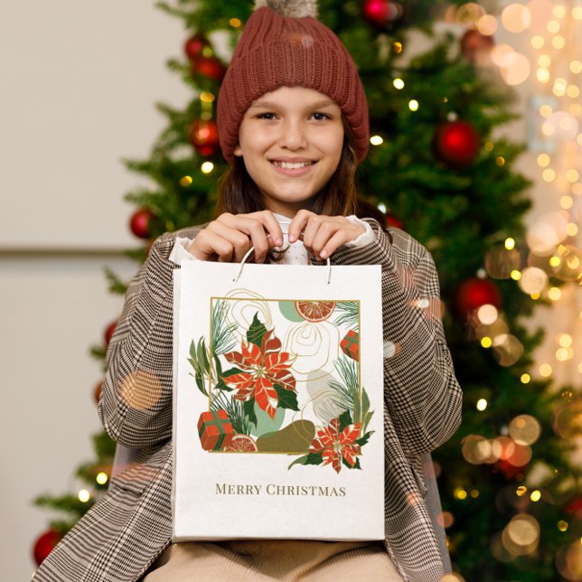Moderne Poinsettia & Grünanlagen | Weihnachten Mittlere Geschenktüte (Von Creator hochgeladen)