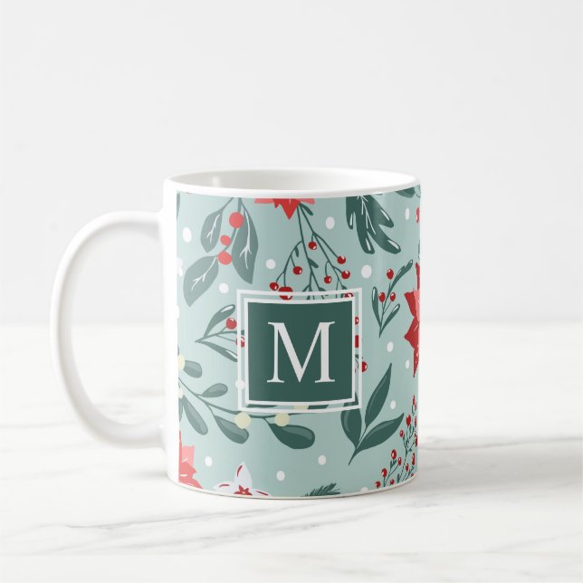 Moderne Poinsettien und Berries Floral Monogram Kaffeetasse (Links)