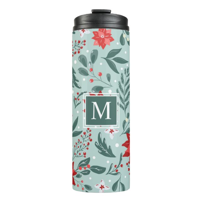 Moderne Poinsettien und Berries Floral Monogram Thermosbecher (Vorderseite)