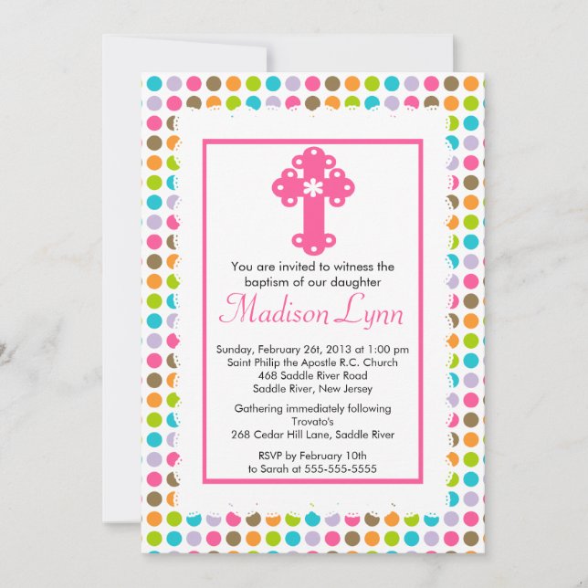 Moderne Polka Dots Baby Girl Taufe Christening Einladung (Vorderseite)