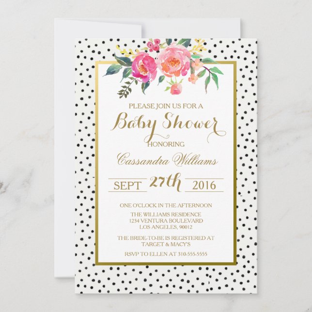 Moderne Polka Dots und Gold Baby Dusche Einladung (Vorderseite)