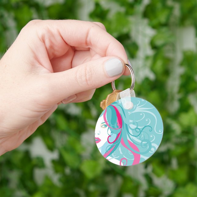 Moderne Pop Kunst Frau Aquamarin und rosa Swirt Ha Schlüsselanhänger (Von Creator hochgeladen)