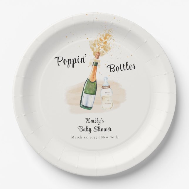 Moderne Poppin Flaschen Champagne Baby Dusche Pappteller (Vorderseite)