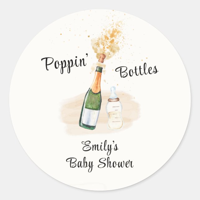 Moderne Poppin Flaschen Champagne Baby Dusche Runder Aufkleber (Vorderseite)