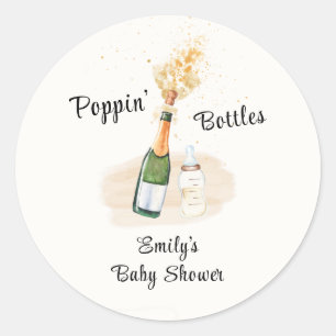 Moderne Poppin Flaschen Champagne Baby Dusche Runder Aufkleber