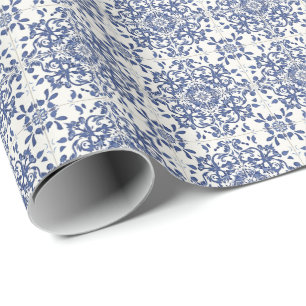 Moderne portugiesische Tiles Azulejos Navy und Whi Geschenkpapier