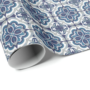 Moderne portugiesische Tiles Azulejos Navy und Whi Geschenkpapier