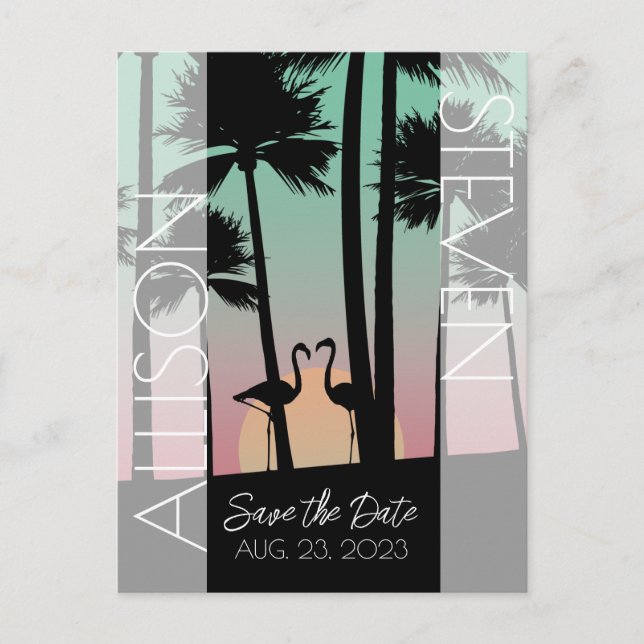 Moderne Postkarte mit Save the Date flaminginische (Vorderseite)