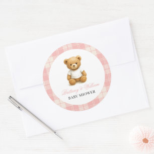 Moderne Preppy Bear Pink Kariert Baby Dusche Runder Aufkleber