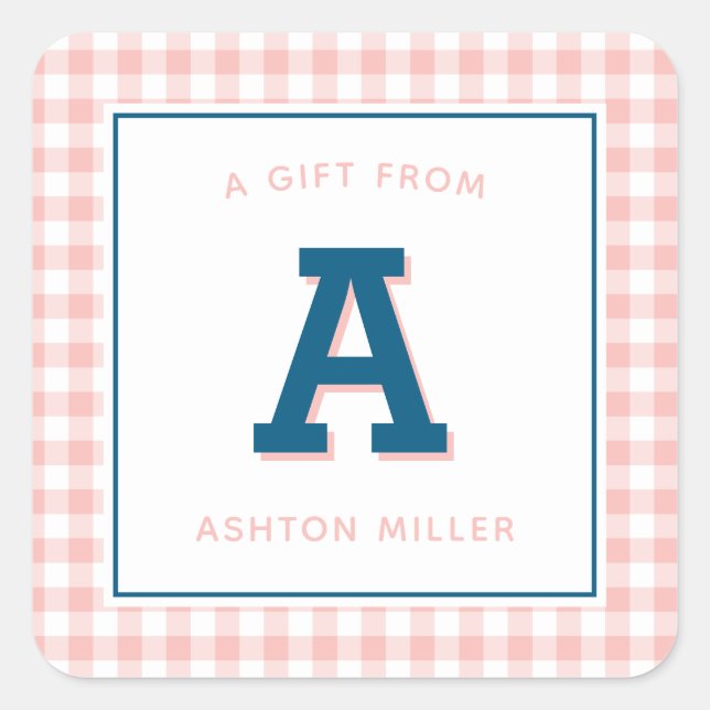 Moderne Preppy Monogram und Gingham Quadratischer Aufkleber (Vorderseite)
