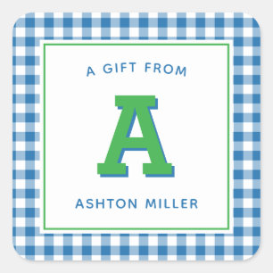 Moderne Preppy Monogram und Gingham Quadratischer Aufkleber