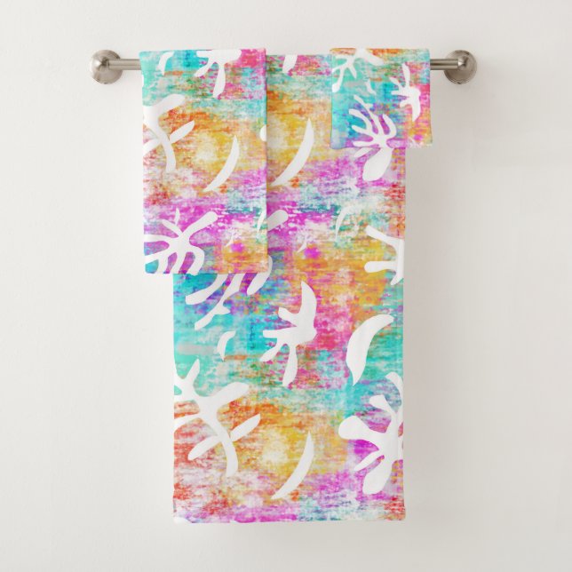 Moderne Preppy Pink Blue Tropical Badhandtuch Set (Insitu)