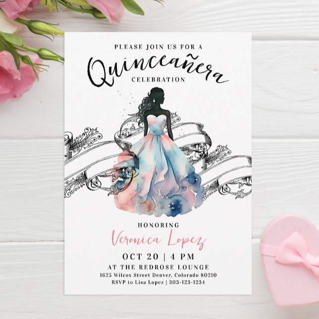 Moderne Prinzessin Pink 15. Quinceañera Wasserfarb Einladung (Von Creator hochgeladen)